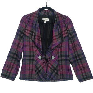Conrad C Plaid Wool Blend Blazer 6 Ruffle Front Fall Pink Purple Gray Career